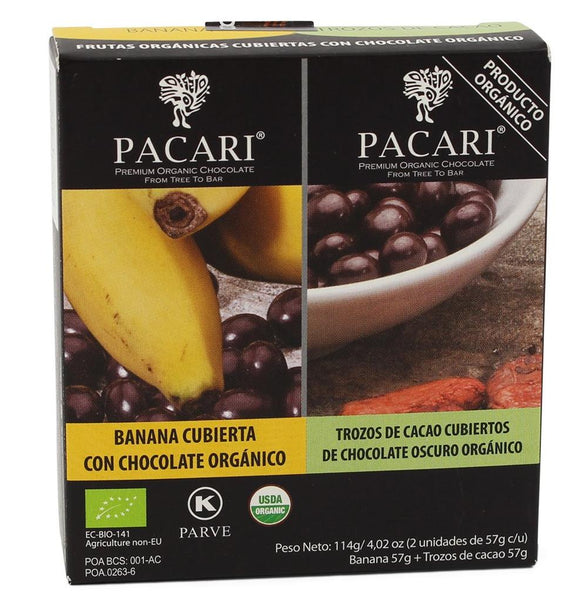 Pacari Chocolate Banano y Cacao Cubierto de Chocolate - 2 Cajas|Chocolate Covered Banana and Cocao Chips|114 gr