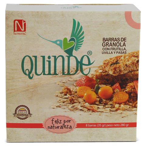 Quinde Barras Energéticas Uvilla, Frutilla y Pasas - 8 barras|Granola Bars - Goldenberry, Strawberry and Raisin|280 gr