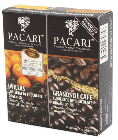 Pacari Uvilla y Café Cubierto de Chocolate|Chocolate Covered Goldenberry and Coffee Beans|102 gr